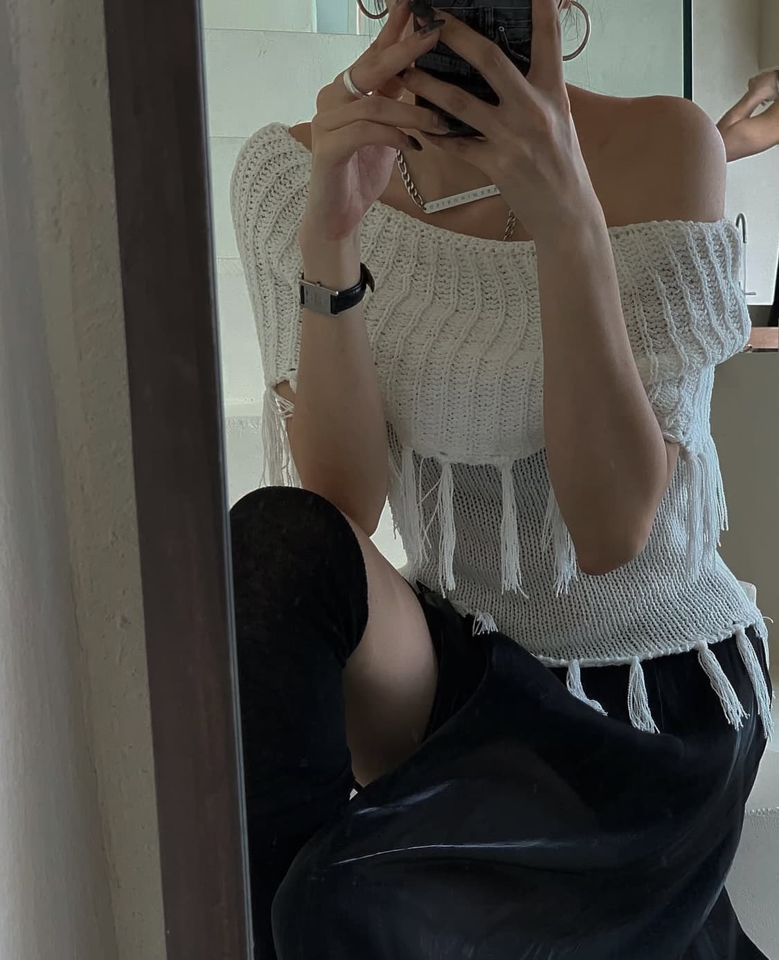 Treemingbird-Tassel Open Shoulder Knit 상품이미지1