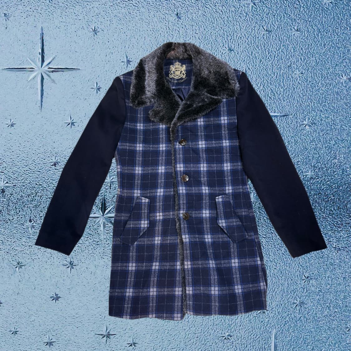 빈티지 네이비 체크 털 카라 코트 상품이미지1