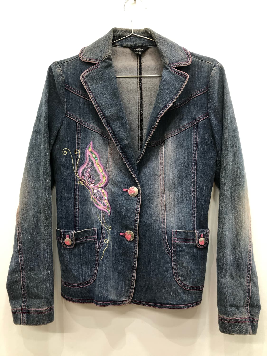 pink stitch butterfly denim jackek 상품이미지5