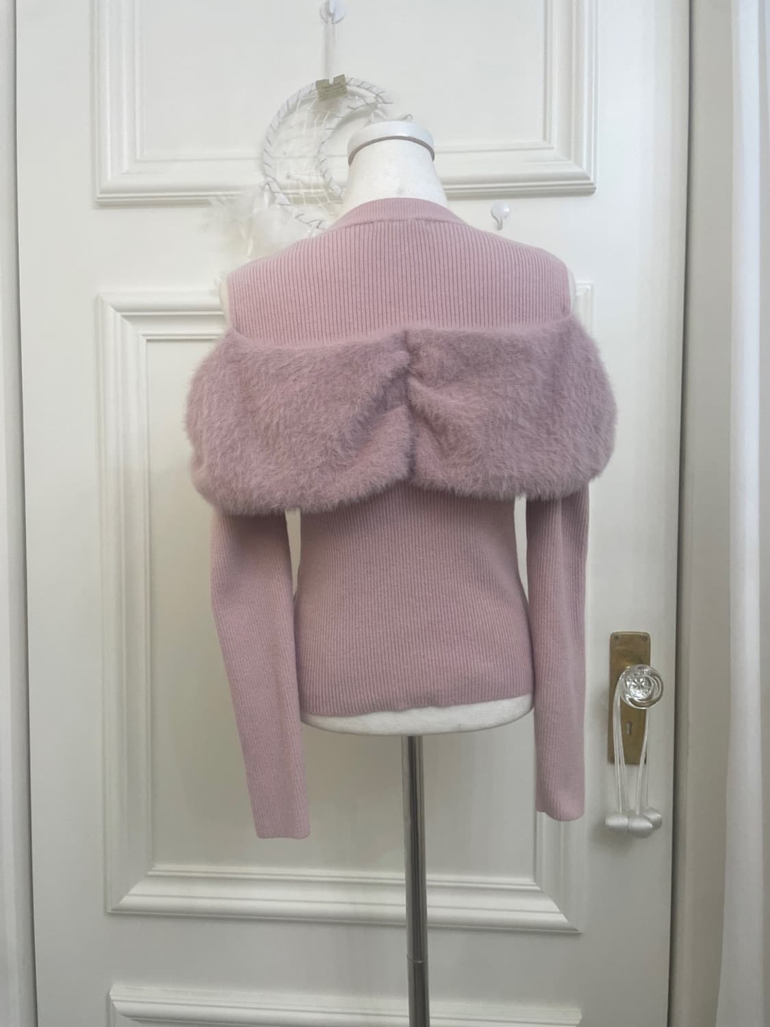powder pink bow fur shoulder lovely knit 상품이미지3