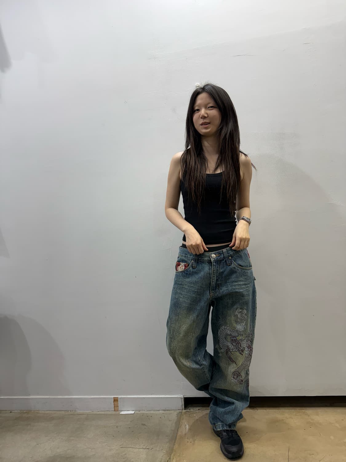 오리엔탈 자수 디테일 와이드 데님 팬츠 상품이미지7