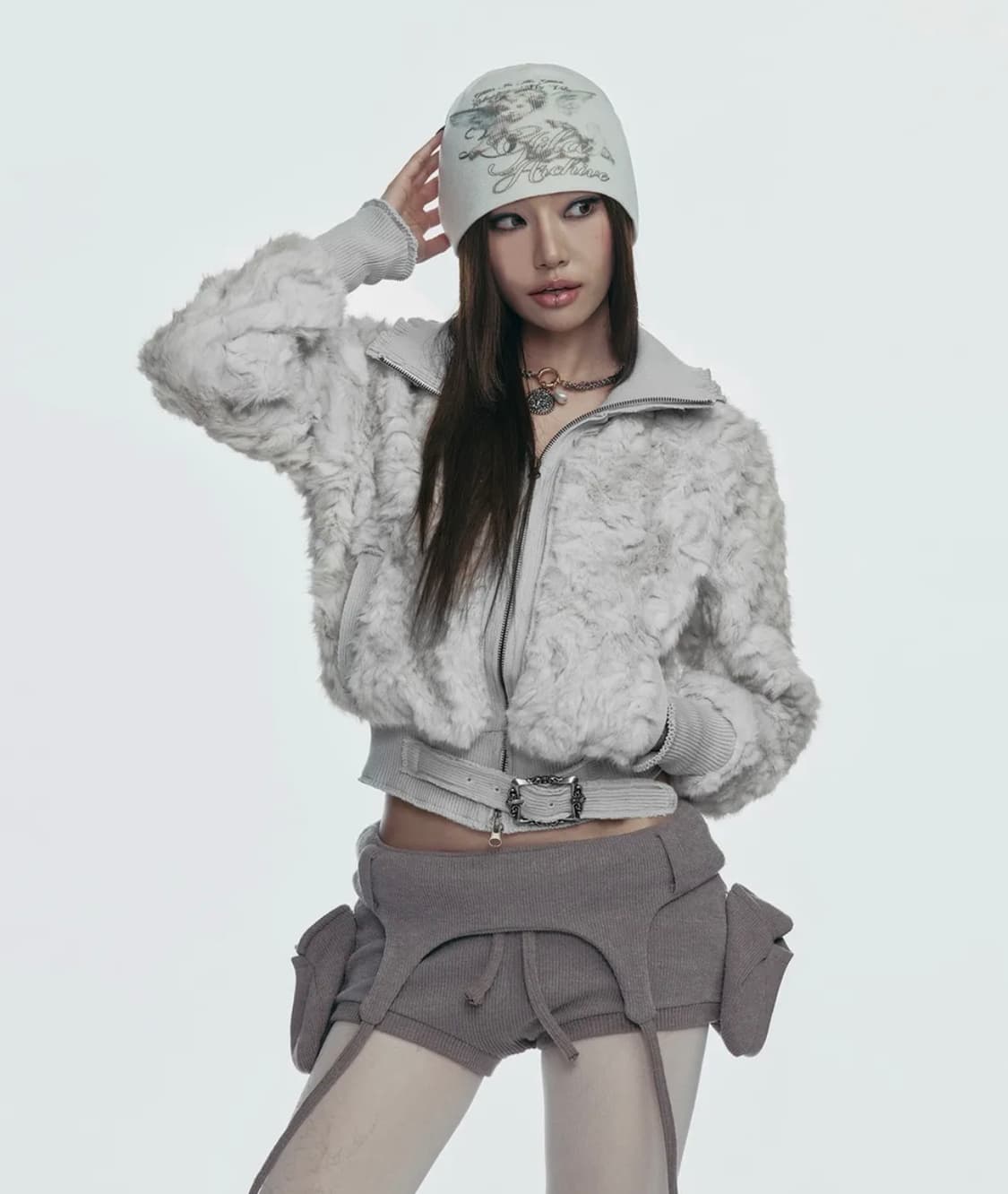 길라아카이브 퍼자켓 faux fur belt zip jacket grey 상품이미지1