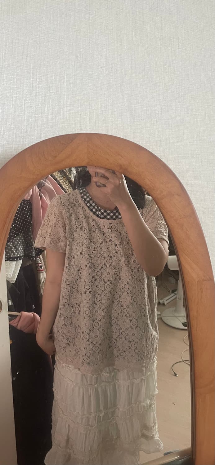 모리걸 빈티지 레이스 체크 레이어드 블라우스 🎀🖤🤍 상품이미지4