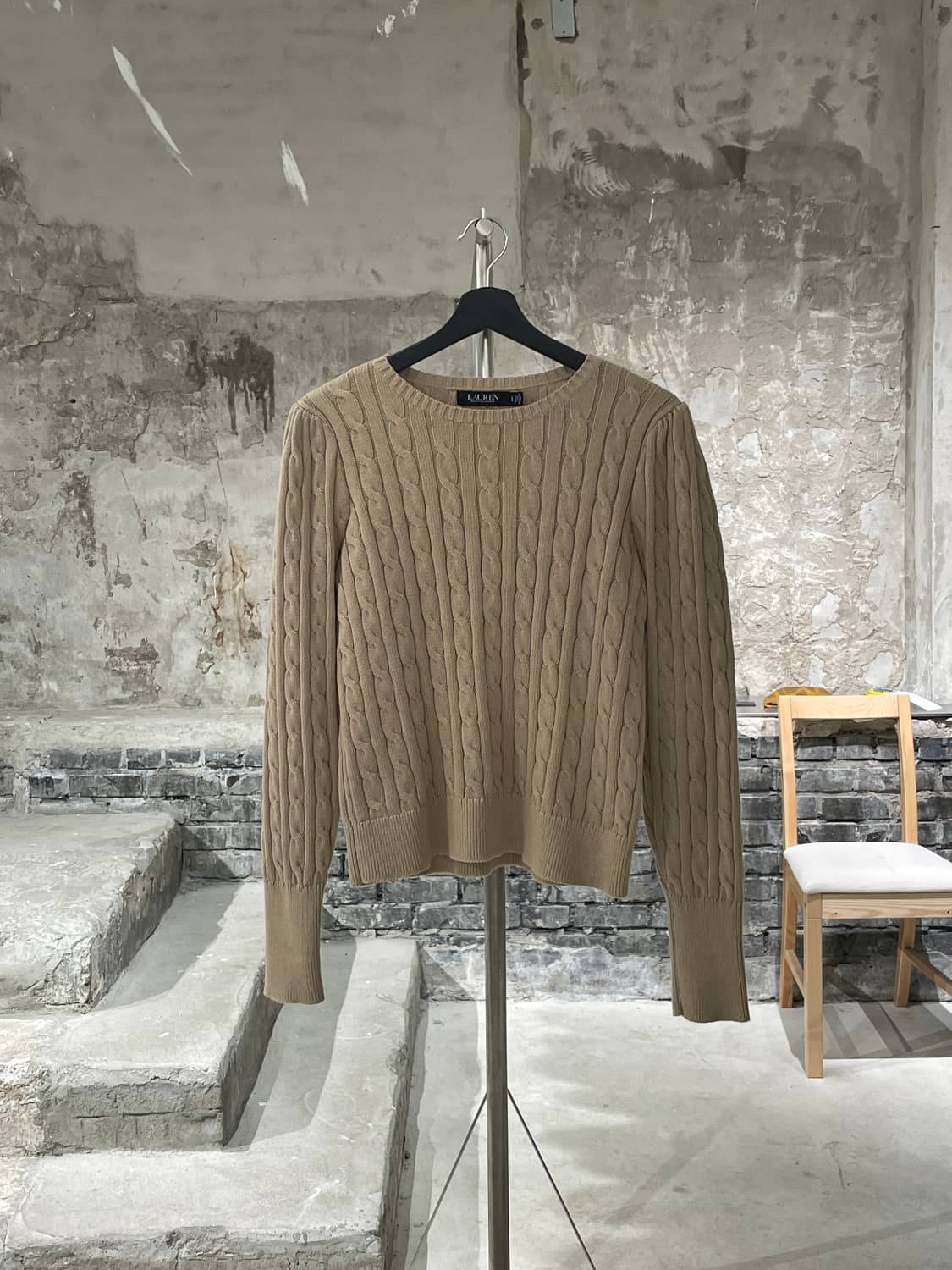 로렌 랄프로렌 블랙 라벨 베이지 퍼프 슬리브 케이블 스웨터 상품이미지1