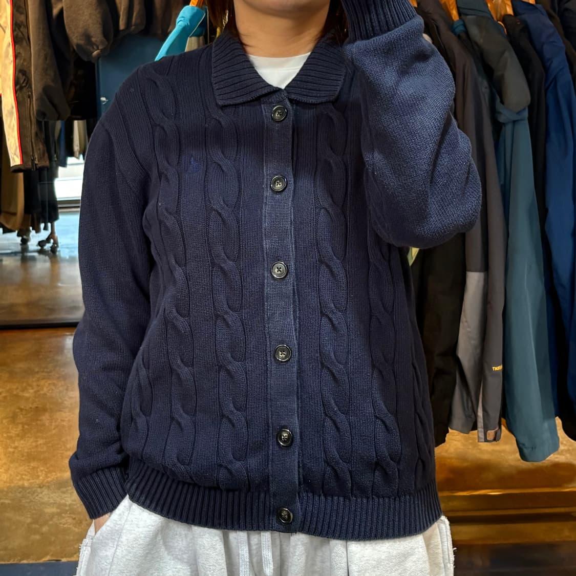 빈폴 카라넥 버튼 네이비 케이블 가디건 상품이미지1
