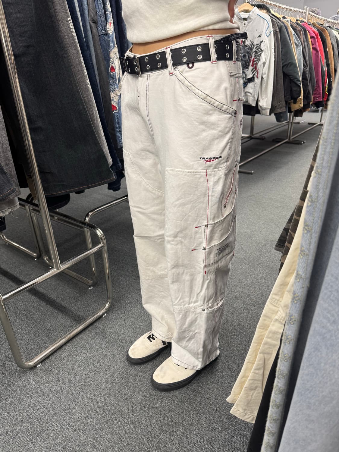 2L)Transer 빈티지 더블니 사이드포켓 화이트 힙합팬츠 상품이미지2