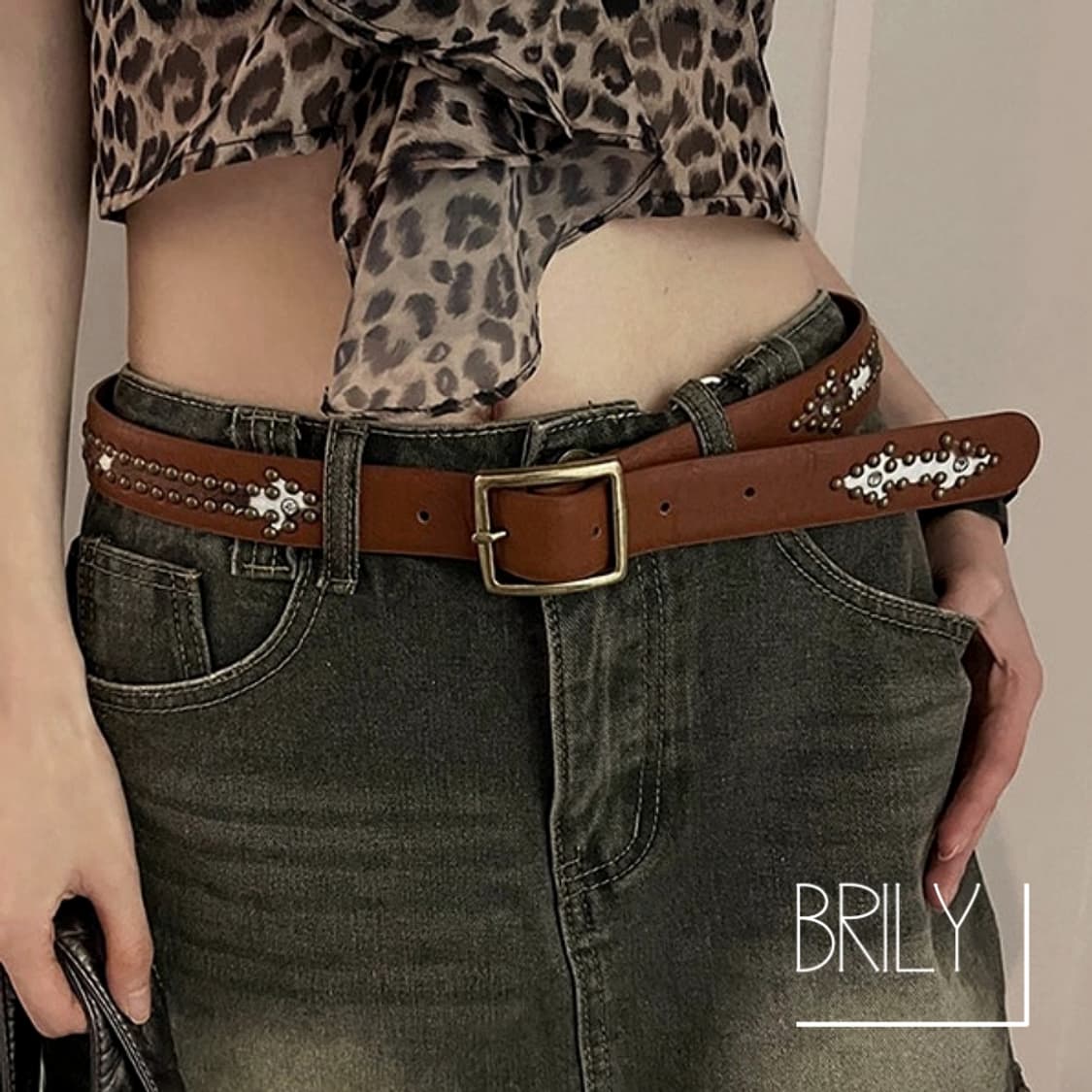 [Unisex]NUT 애로우 스터드 호피 송치털 웨스턴 가죽 벨트 브라운 상품이미지2