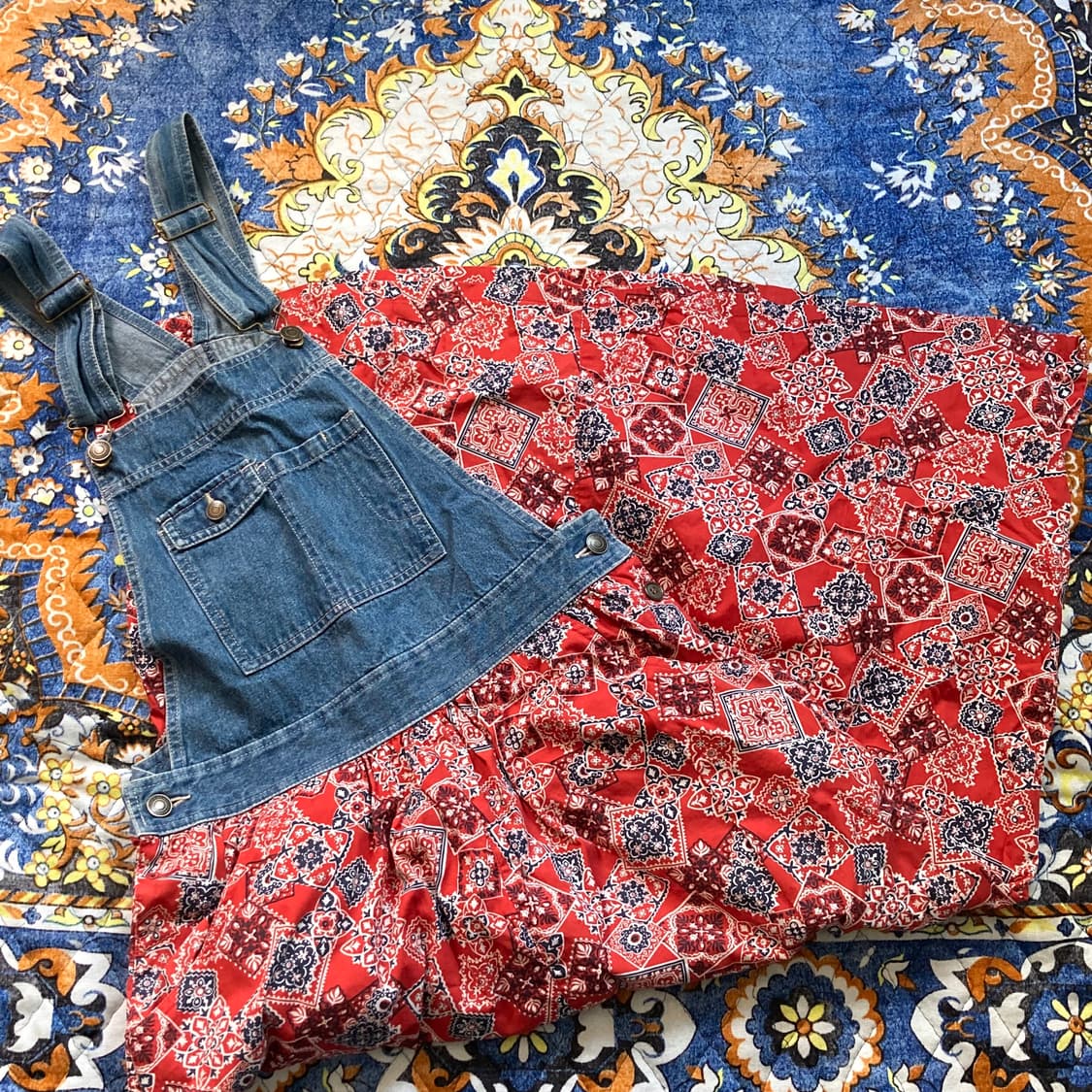 VTG 빈티지 히피 페이즐리 데님 오버롤 멜빵 스커트 상품이미지4