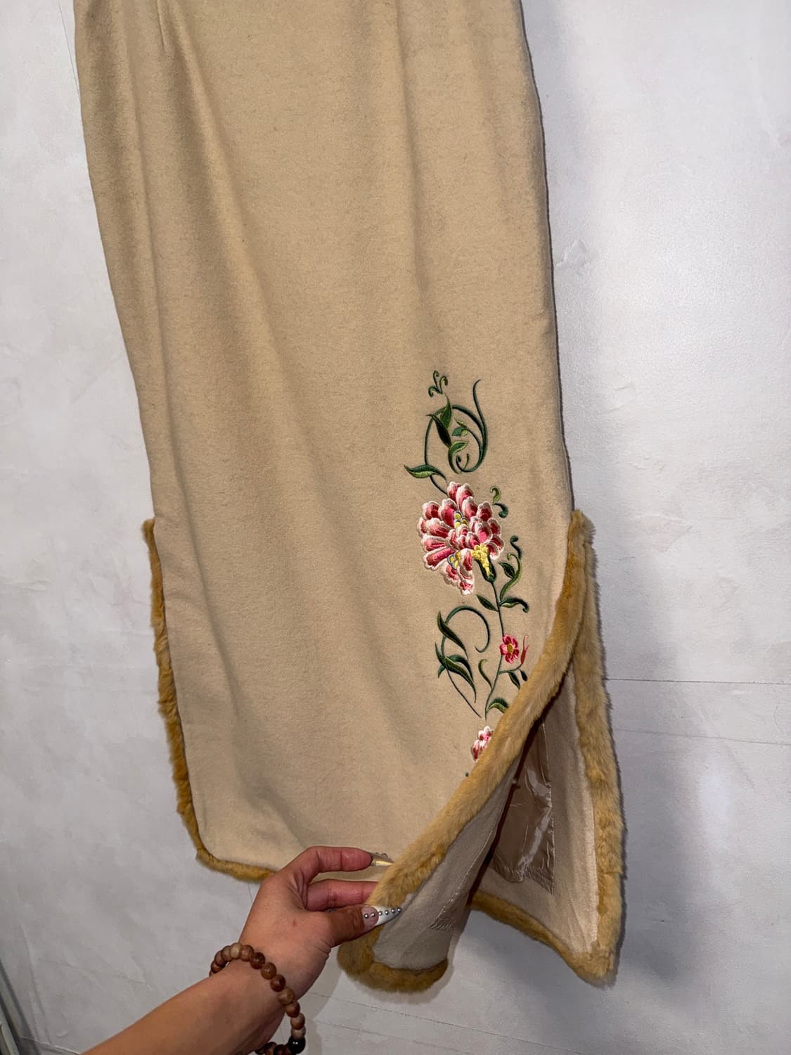 Beige oriental floral fur trimming skirt 상품이미지2