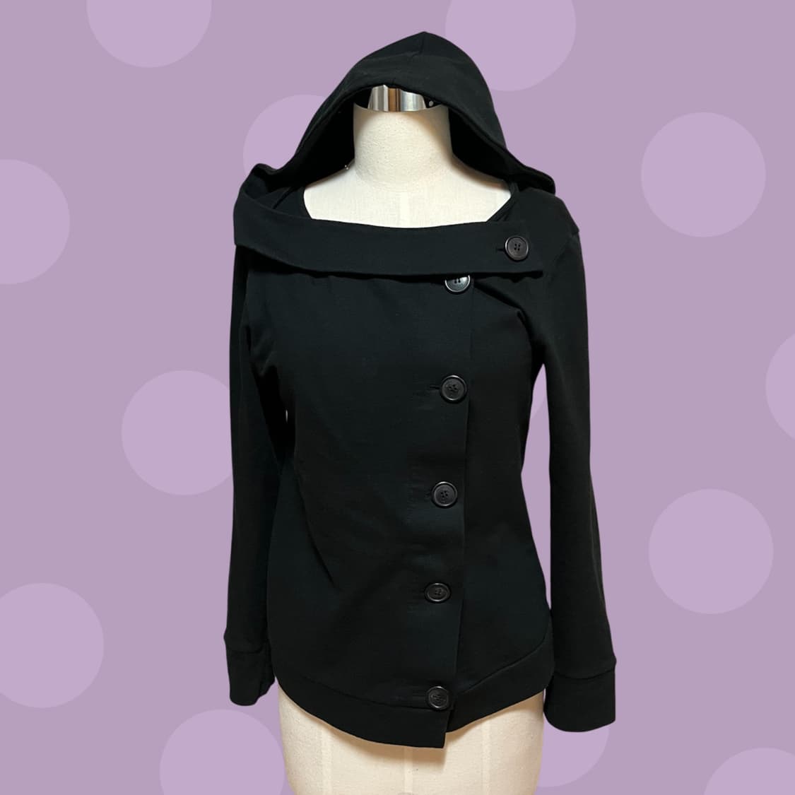 (실사O)미소녀 후드! 오스하이 스프링 넥 버튼 후드 블랙 상품이미지2