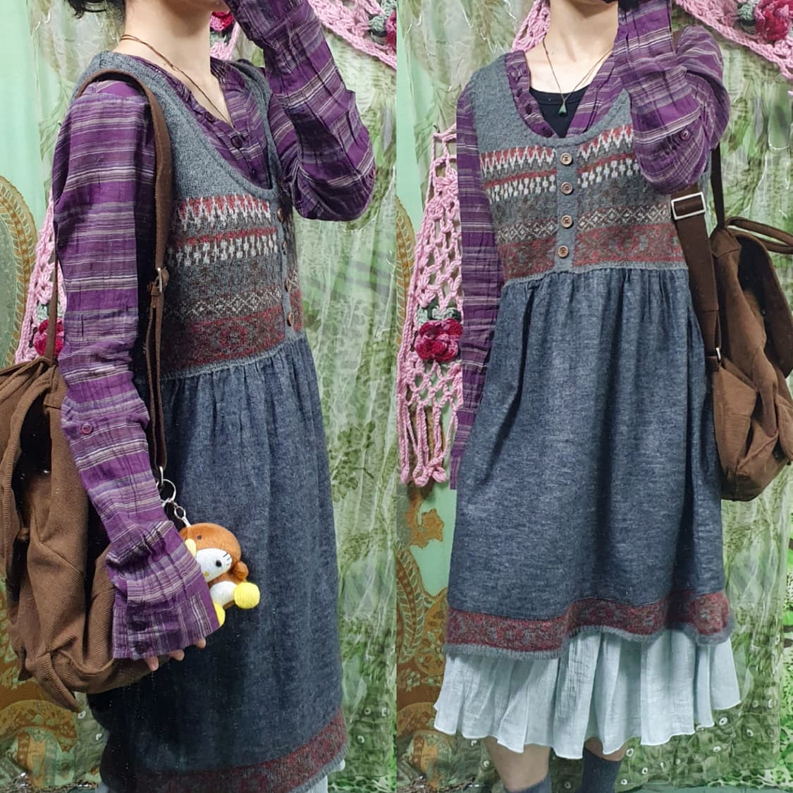 나무 단추 니트 슬리브리스 레이어드 미디 원피스 상품이미지1