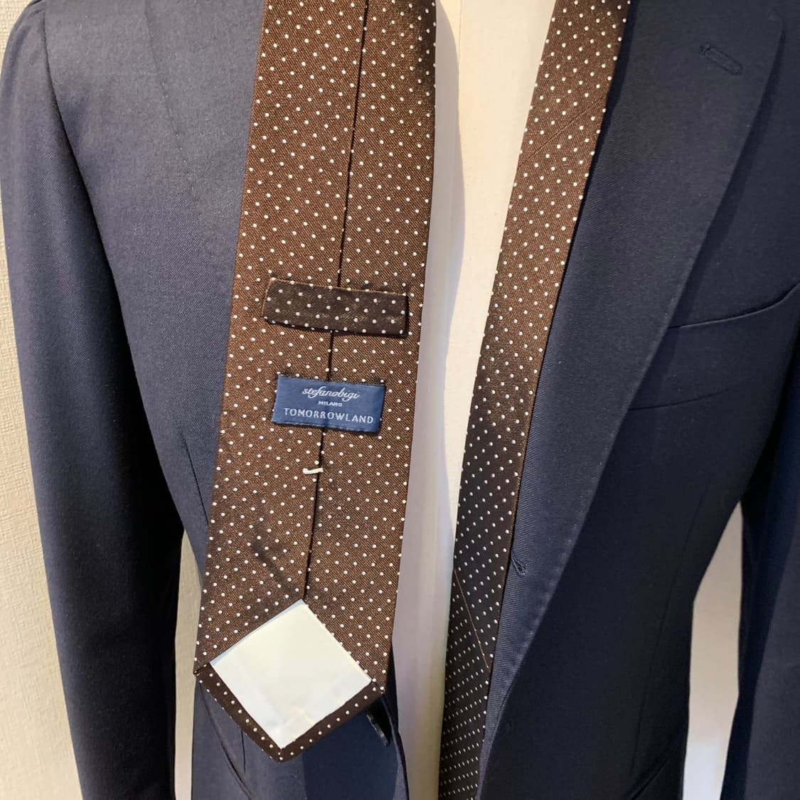 스테파노비지 x 투모로우랜드 브라운 도트 실크 넥타이 이탈리아제 최상급 상품이미지2