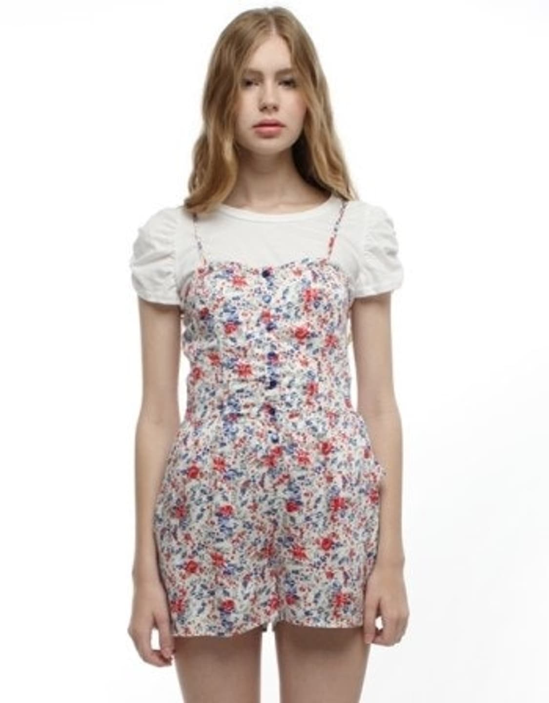 미국빈티지)10s 고전 플로럴 모리걸 블루x로즈 꽃무늬 점프수트롬퍼 상품이미지1