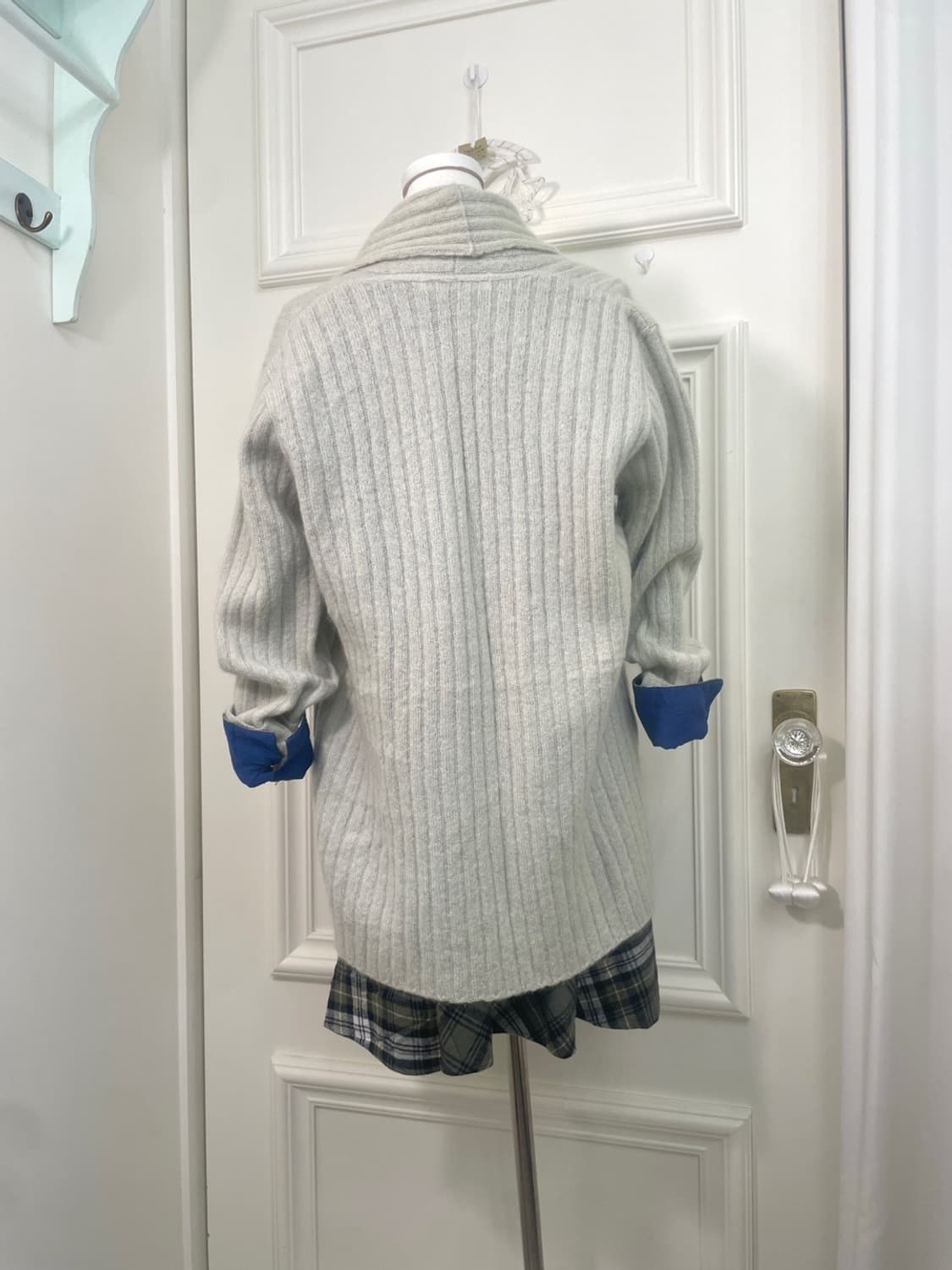 sheer green open rib cardigan&khaki chec 상품이미지3