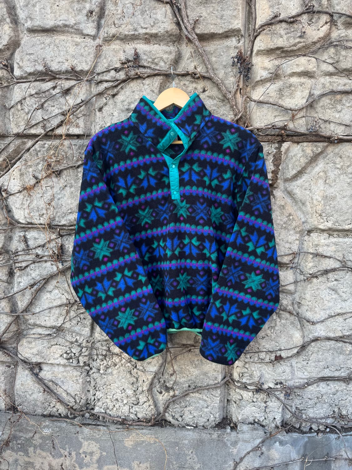 90s 엘엘빈 빈티지 노르딕 아즈텍 패턴 풀오버 플리스 스냅 티 상품이미지1