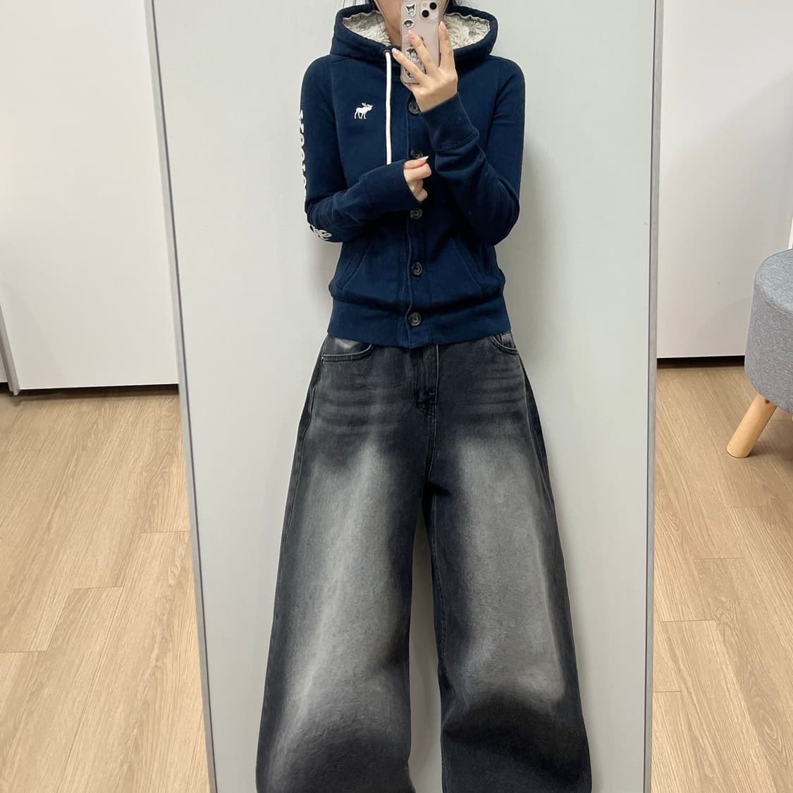 아베크롬비 울프죠 사슴로고 딱붙핏 양털안감 버튼업 후드집업 상품이미지1