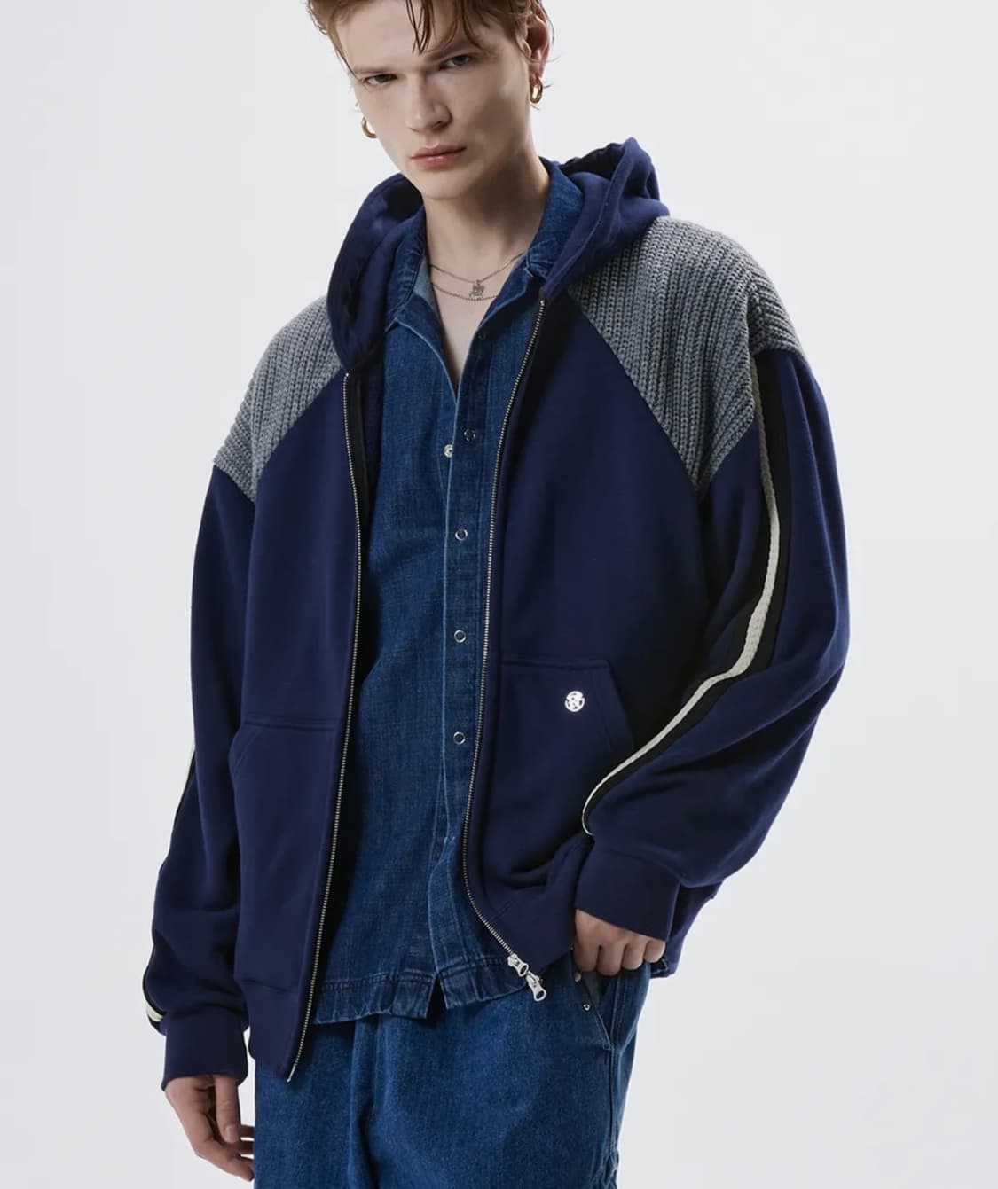 rssc 니트 믹스 후드 집업 - 네이비 상품이미지1