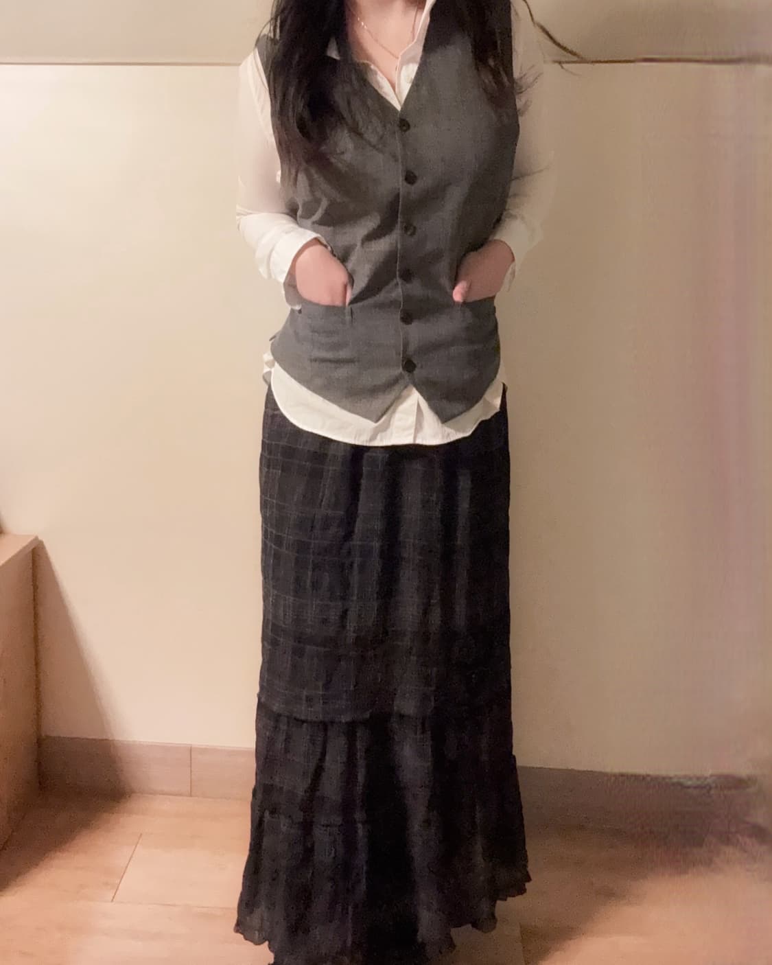 긱시크 프레피 핀터깔 베스트 장미 포인트 체크 롱스커트 코디세트 상품이미지1