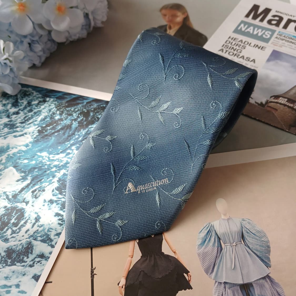 아쿠아스큐텀 실크 블루 자카드 패턴 넥타이 9.3cm A등급 A19560 상품이미지7