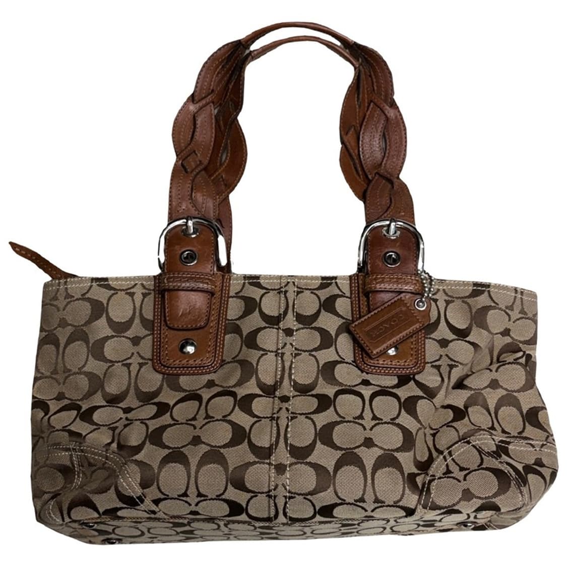 COACH 시그니처 브라운 레더 캔버스 숄더백 상품이미지1