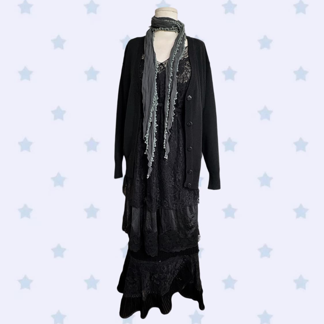 빈티지크루 크루빈티지 블랙 페어리 대장 머플러 시스루 롱스커트 코디세트  상품이미지1