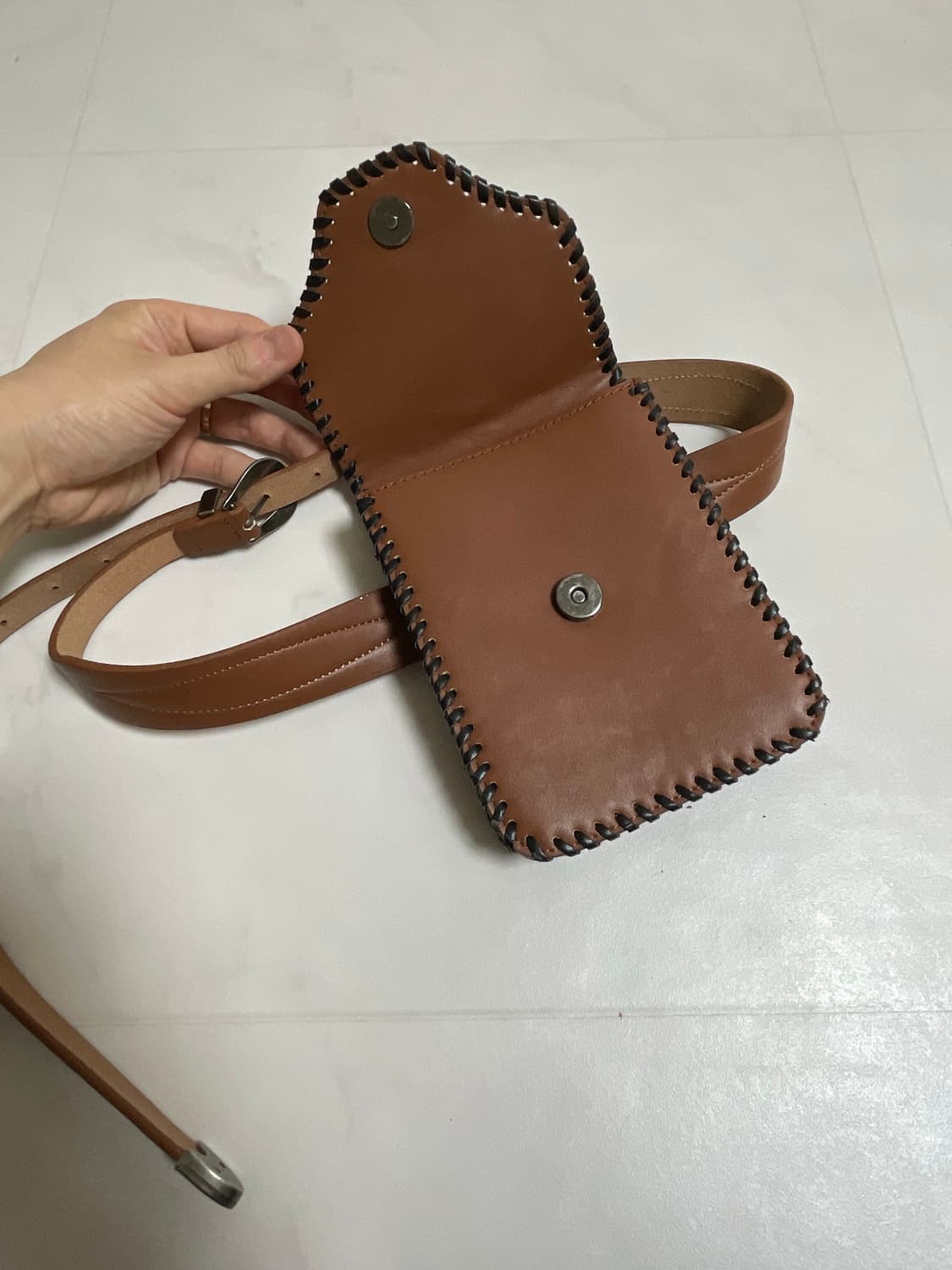 Brown leather whipstitch western belt ba 상품이미지2