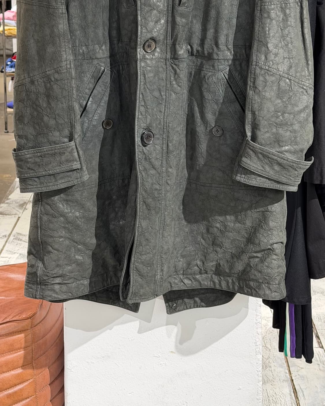 드로메 카키 레더 퍼 버튼 후드 코트 상품이미지5