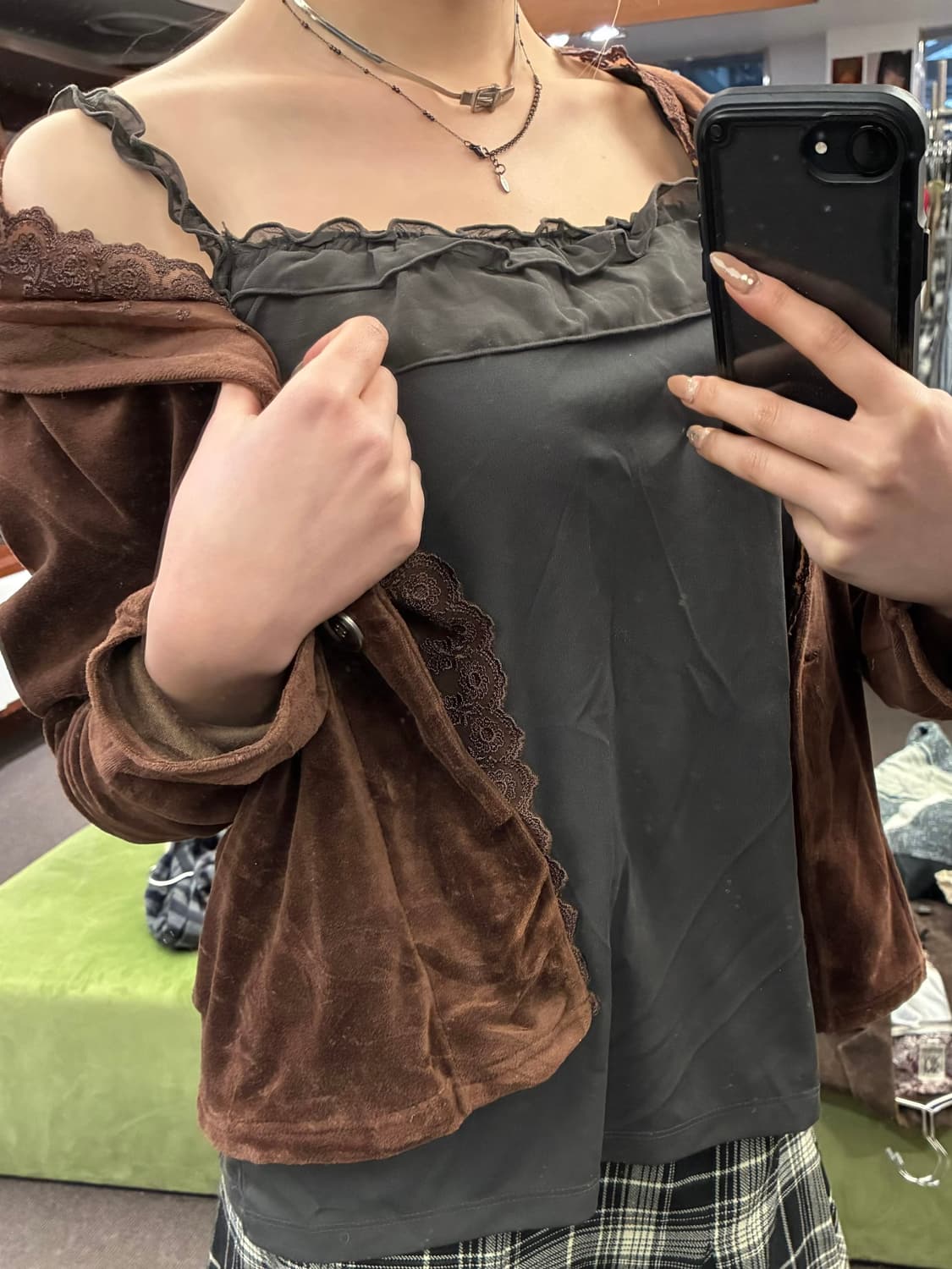 LL)Japanese vintage 여성 레이스 디테일 카키색 슬리브리스 상품이미지1