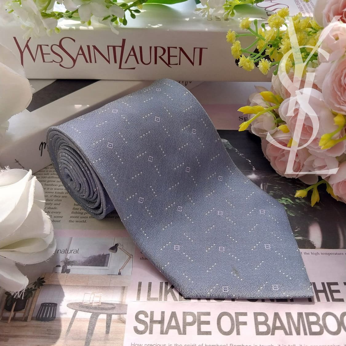 입생로랑 실크 블루 패턴 넥타이 9.4cm A~B등급 K2315
 상품이미지2