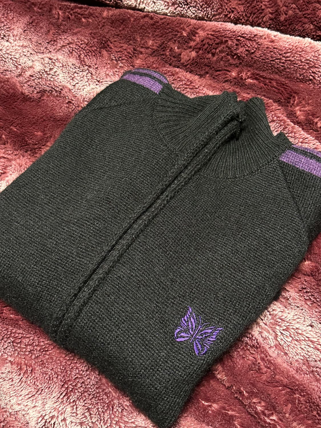 [L]빔즈 니들스 모헤어 니트집업 퍼플블랙 상품이미지1