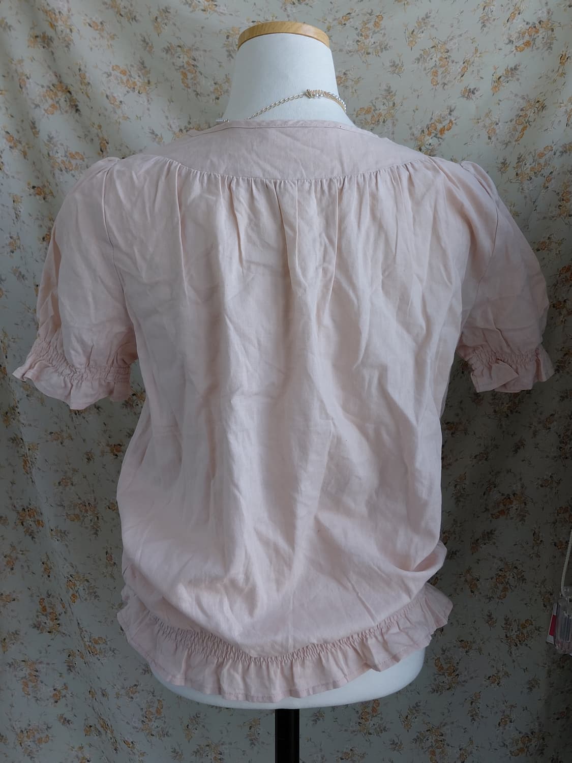 [빈티지] 여성 핑크색 블라우스 퍼프소매 셔링 Free 상품이미지2