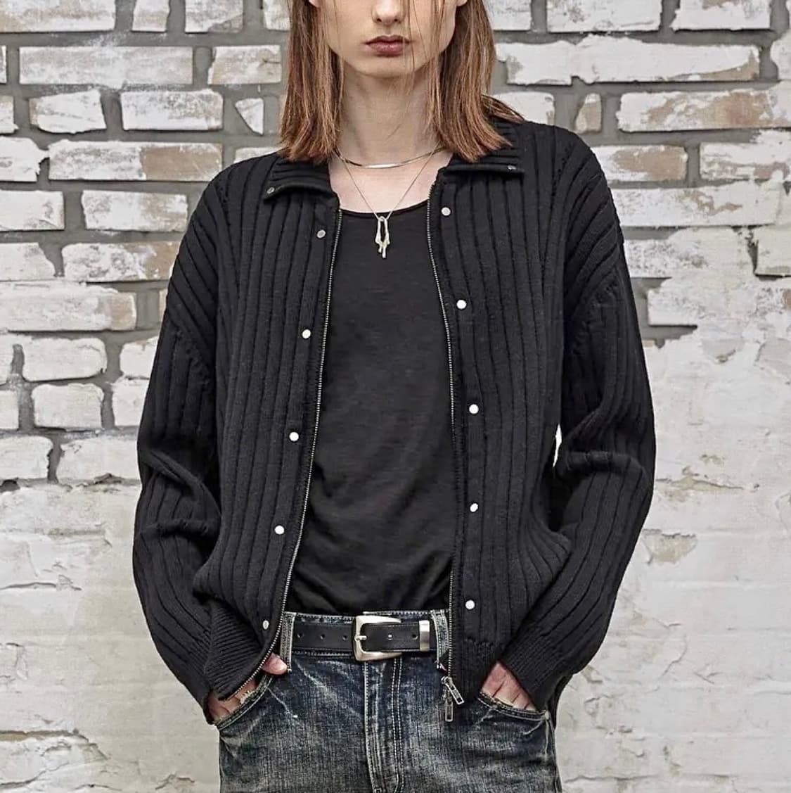 44) 엘무드 펑크 라이더 니트집업 카라넥 골지 가디건 자켓 블랙 락시크 상품이미지1