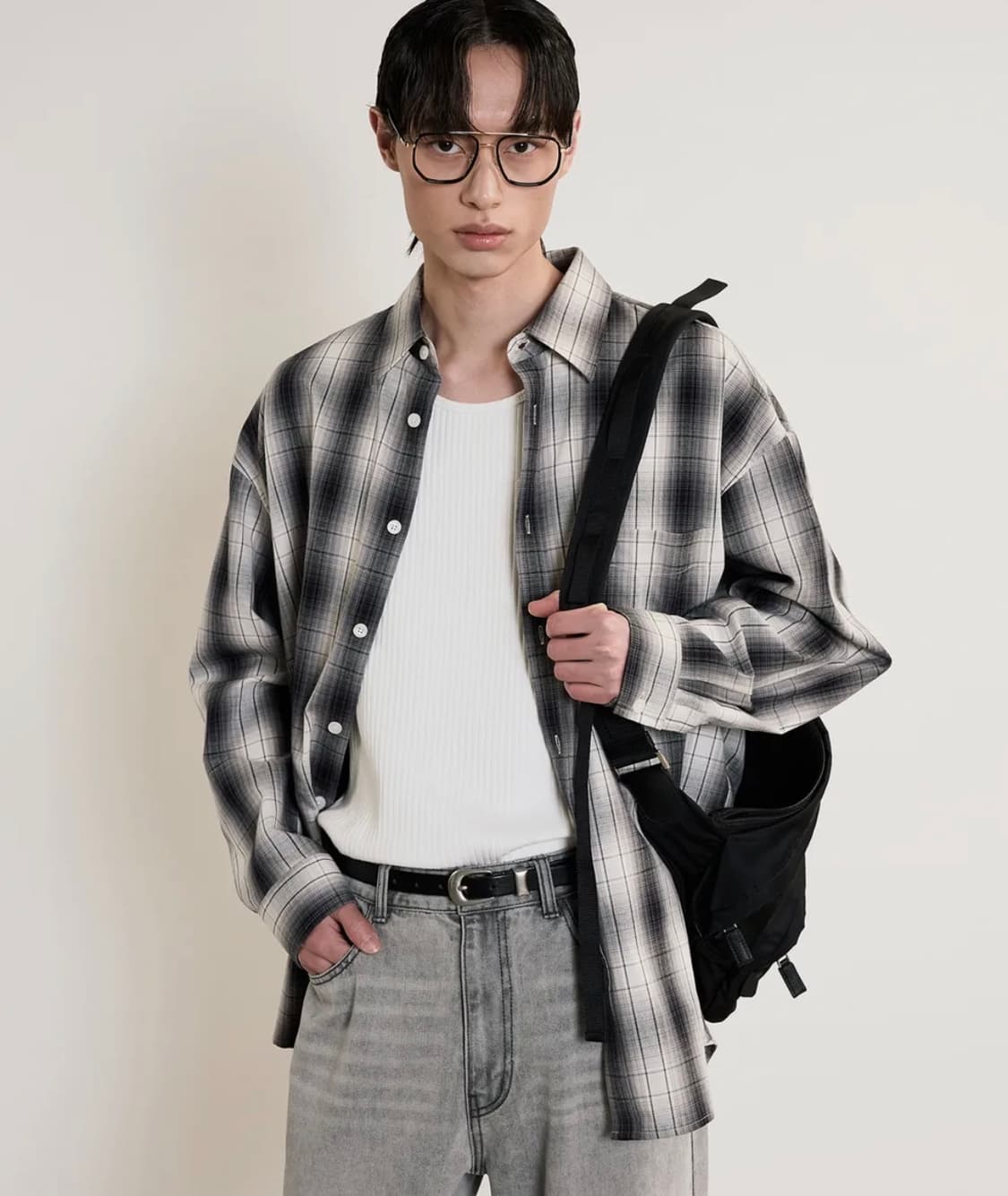 (105) TNGT 옴브레 체크셔츠 그레이 상품이미지1