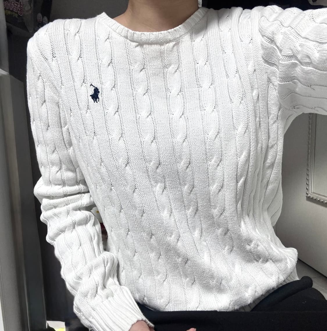 M 폴로 케이블 니트/여성옷/화이트/라운드넥/꽈배기/긴팔/네이비로고 상품이미지1