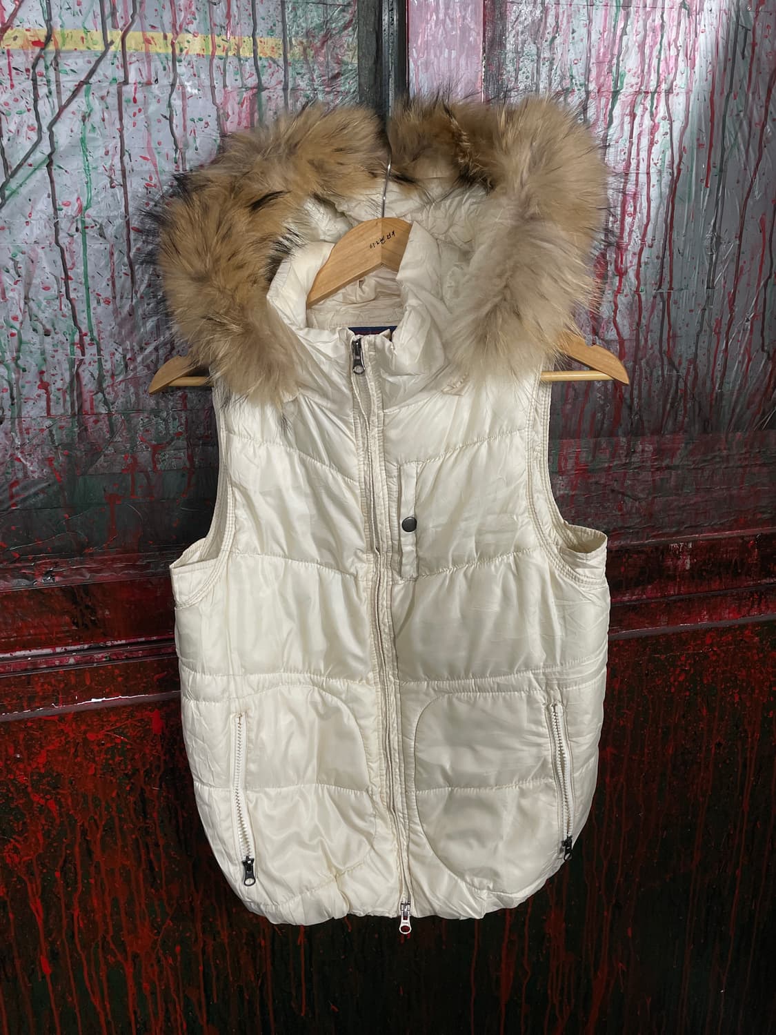 일본 빈티지 퍼 후드 울프죠 갸루 패딩조끼 베스트 L 상품이미지5