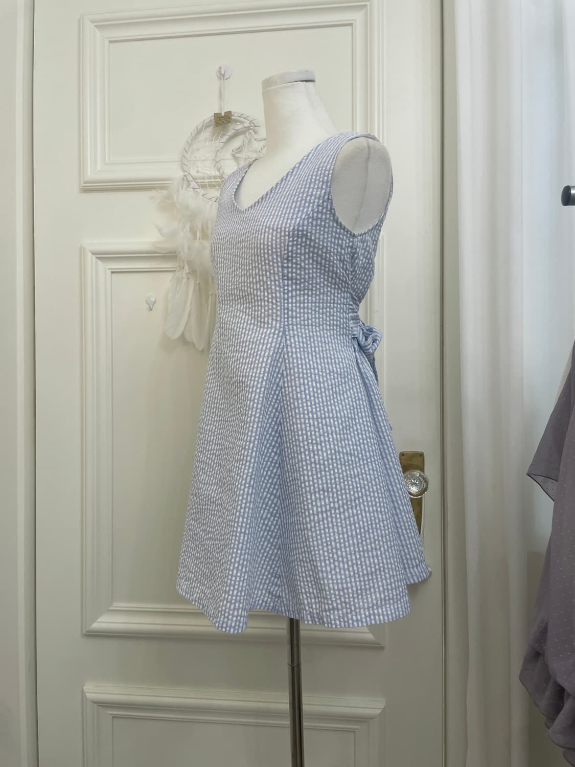 sky blue stripe lovely bow point flare o 상품이미지2