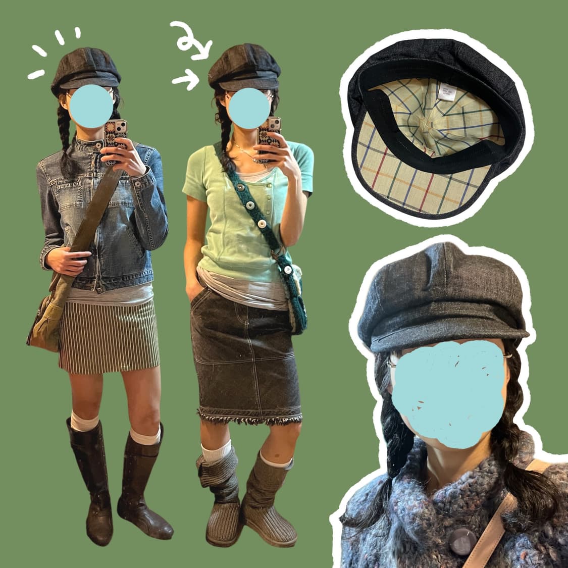 빈티지 체크패턴 안감 데님 뉴스보이캡 상품이미지1