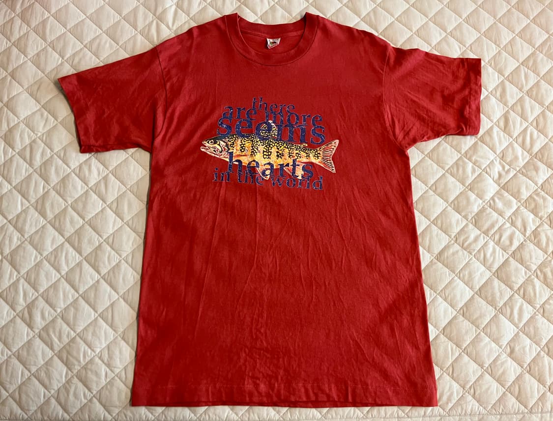 빈티지 USA 90s 프룻오브더룸 싱글스티치 피싱 물고기 티셔츠 L 상품이미지1