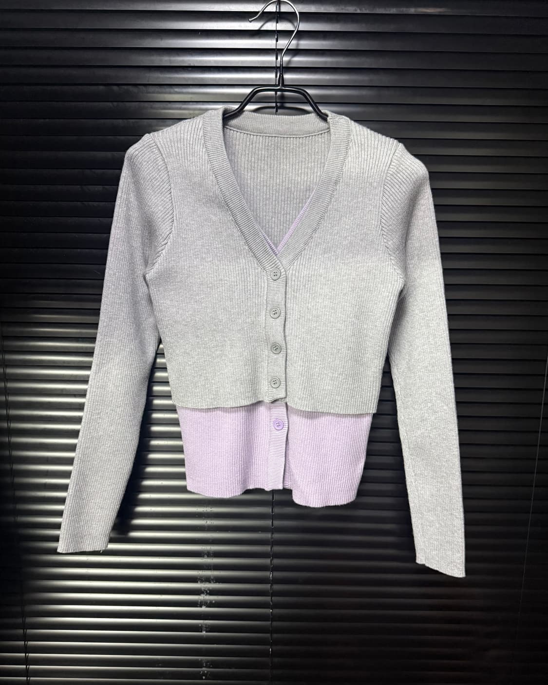 그레이 회색 연보라 배색 골지 니트 스웨터 더블 카라 가디건 갸루 로리  상품이미지4