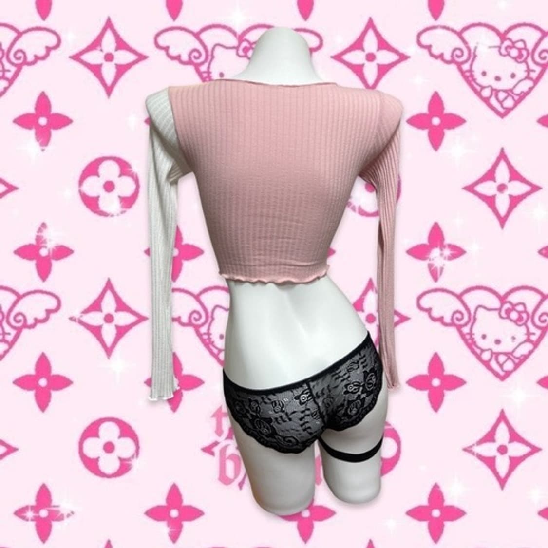Half pink & white ribbon crop top 상품이미지5
