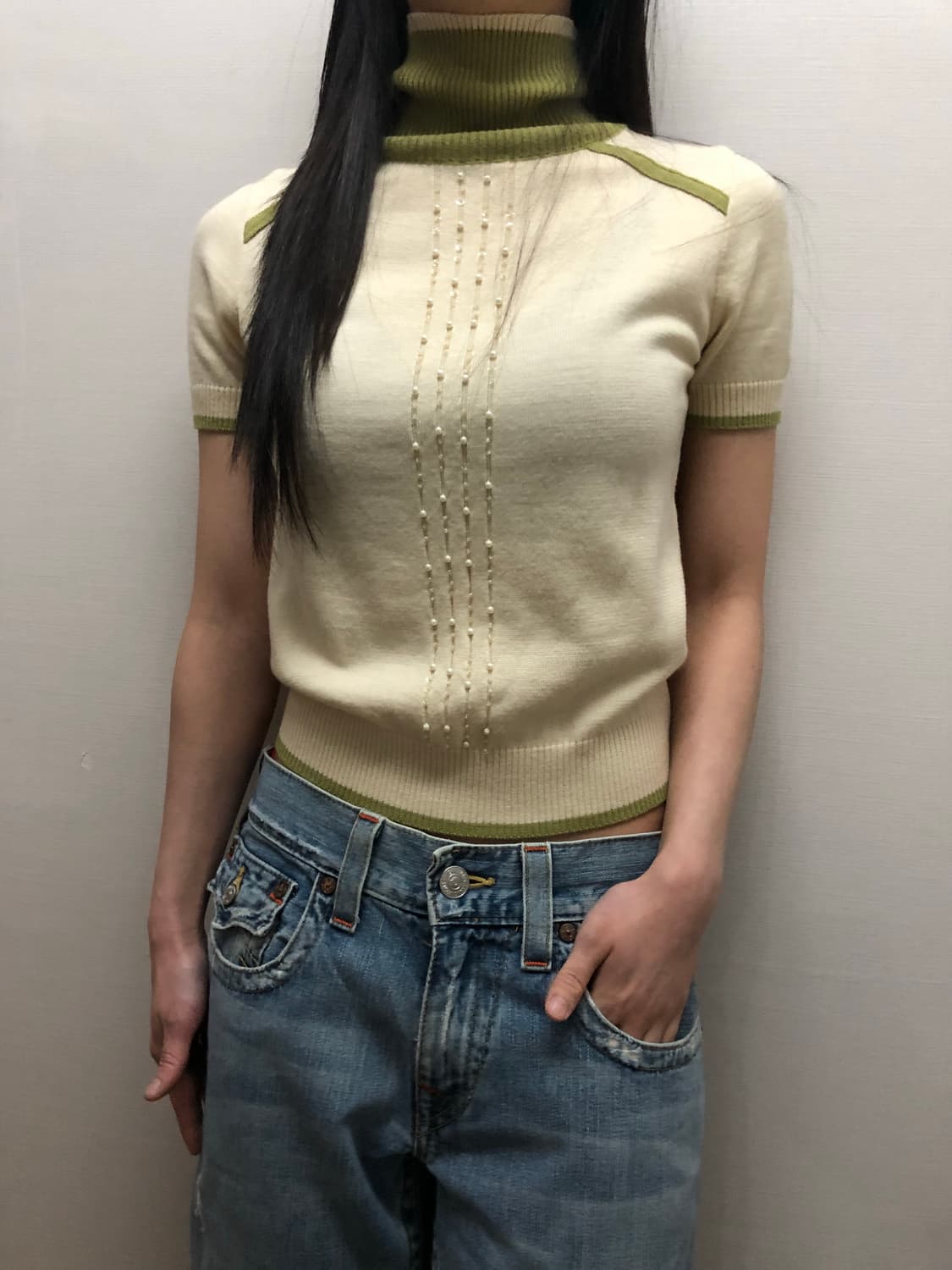 빈티지 아이보리 그린 비즈 니트 상품이미지3