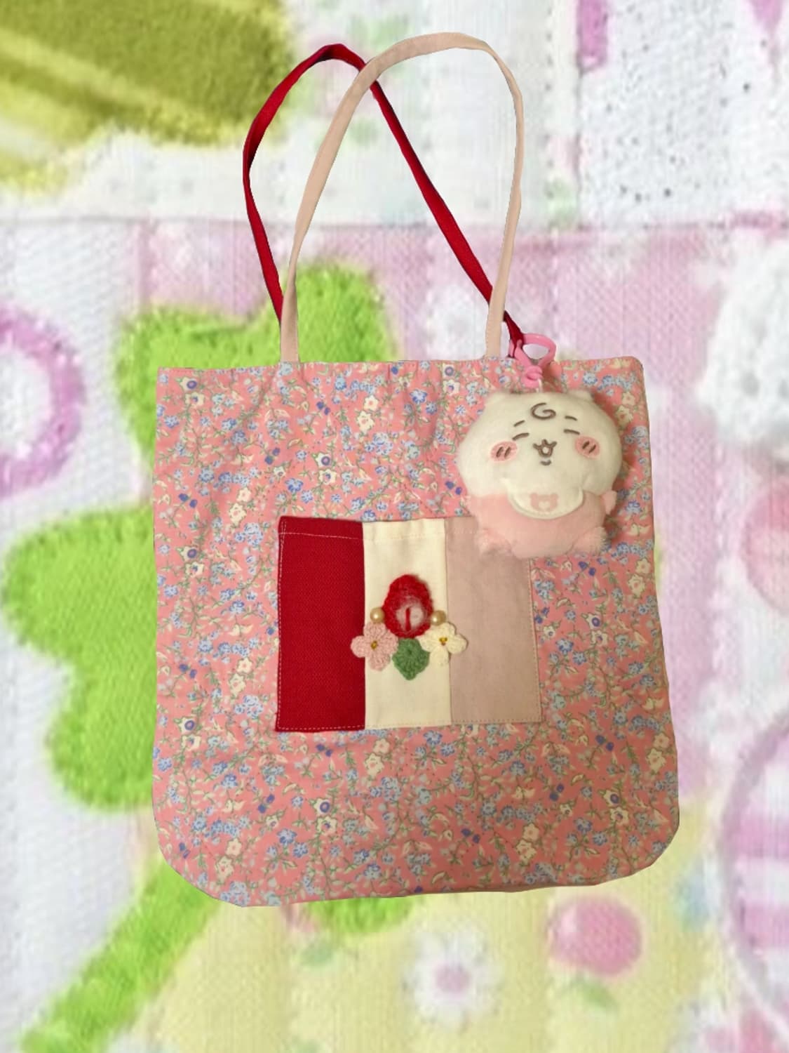 모리걸 일본 빈티지 뜨게 딸기 핑크하우스 에코백 숄더백 가방 상품이미지3