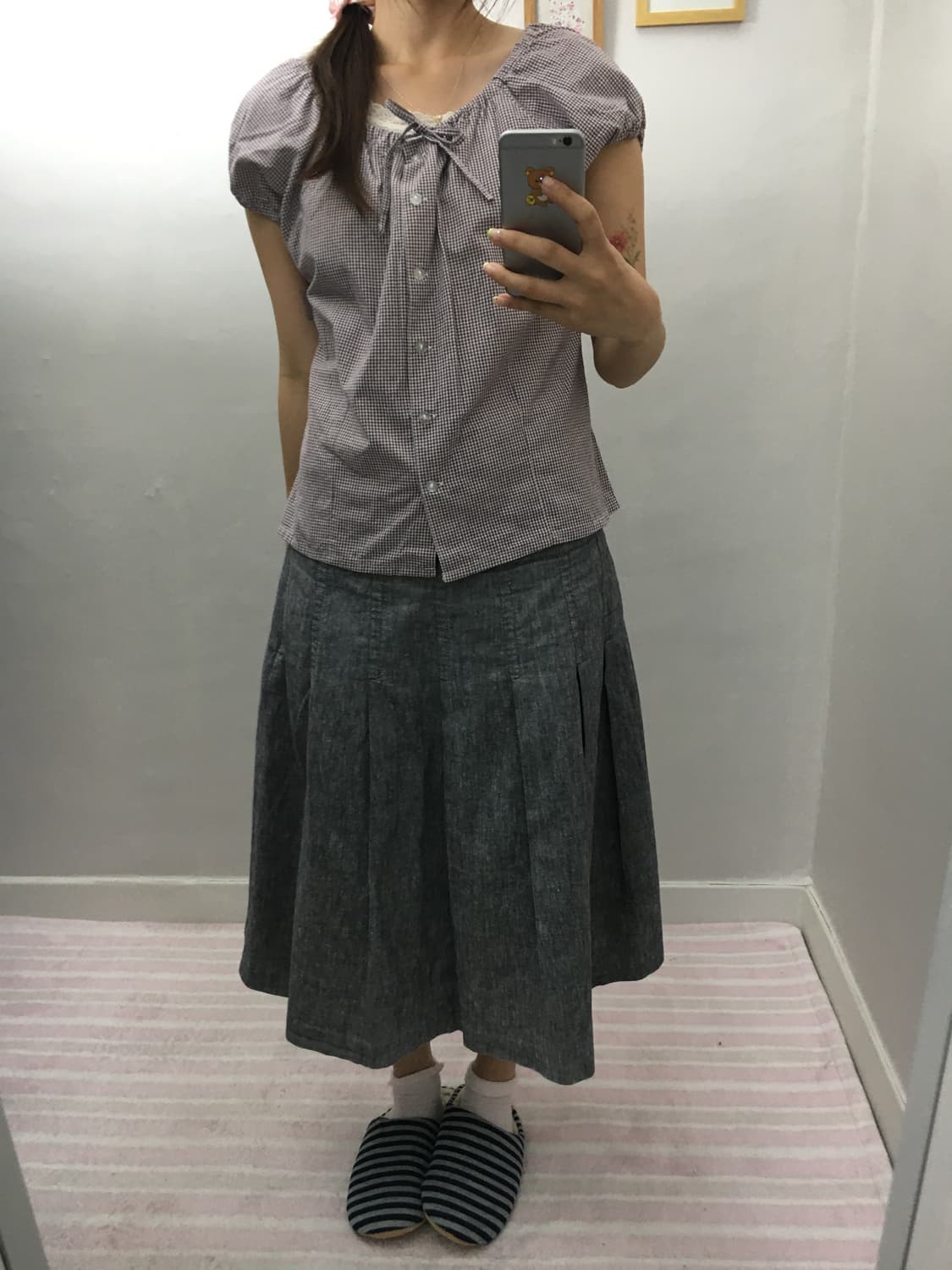 퍼플 체크 반소매 블라우스 상품이미지8