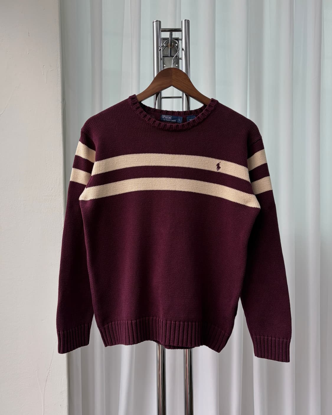[L]폴로 랄프로렌 버건디 스트라이프 코튼 니트 상품이미지3