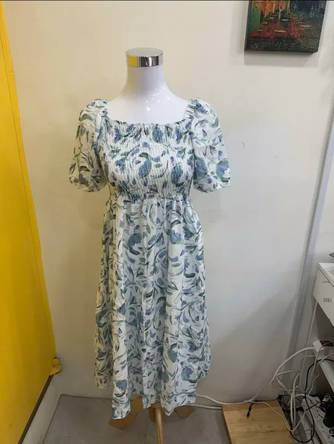 vtg 블루 플라워 스모크 밴딩 롱 원피스 상품이미지1