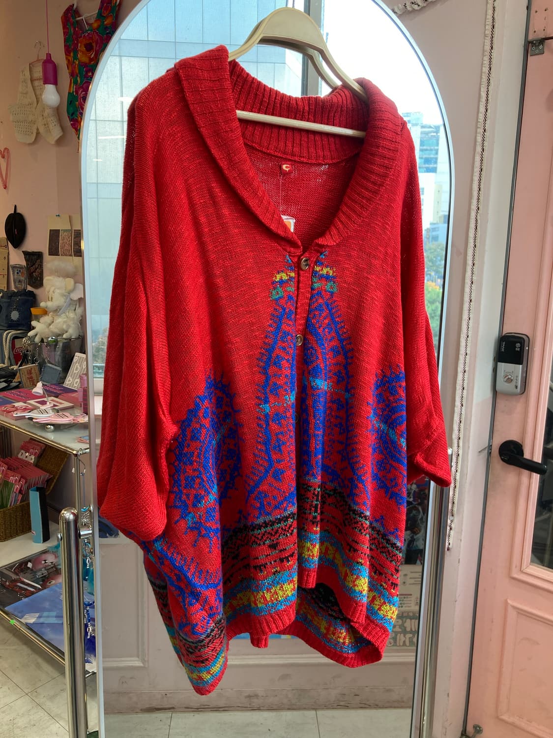 에스닉 패턴 레드 판초 상품이미지1