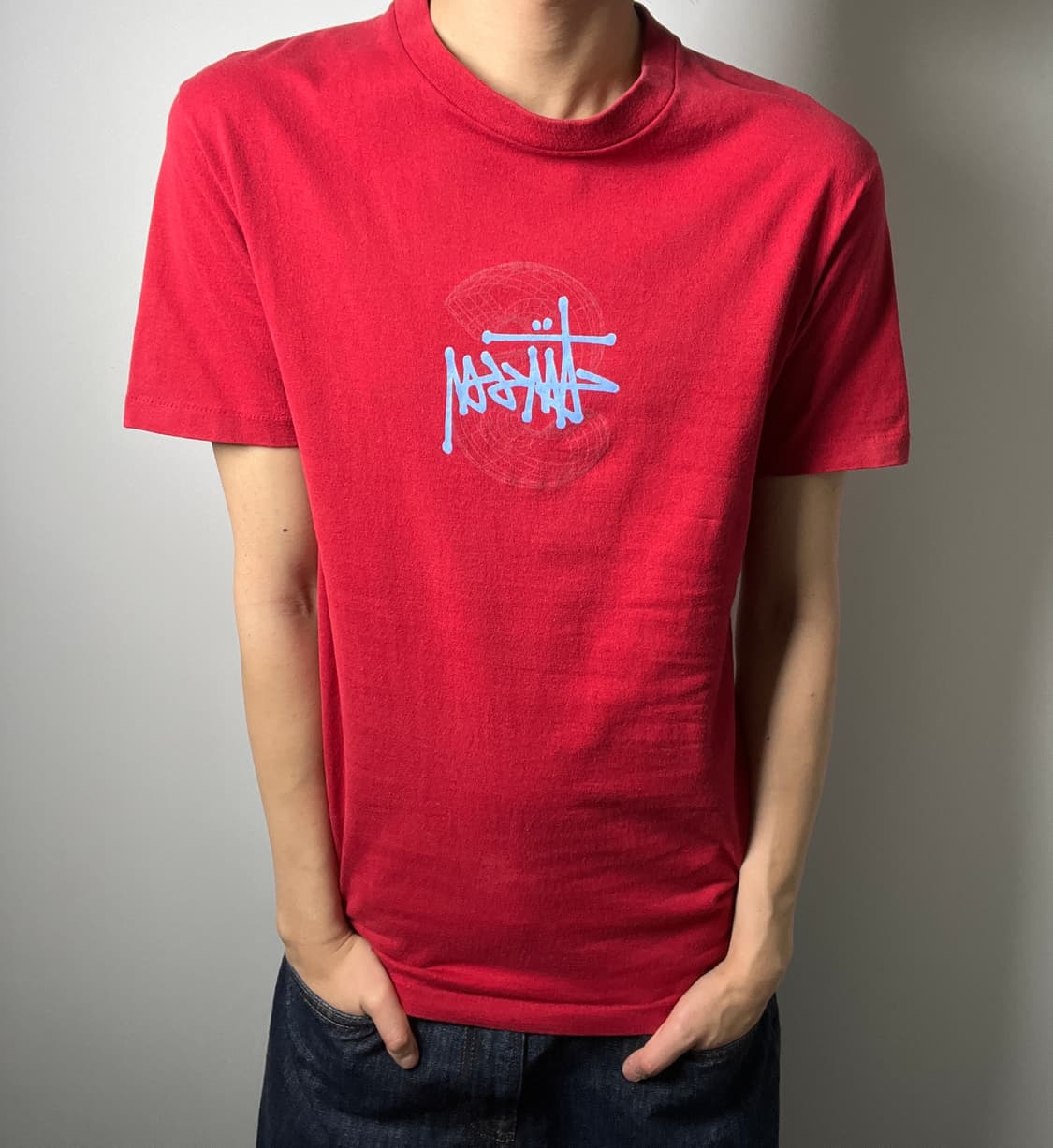 90's old stussy 올드 스투시 레드 반팔 티셔츠 S 상품이미지3