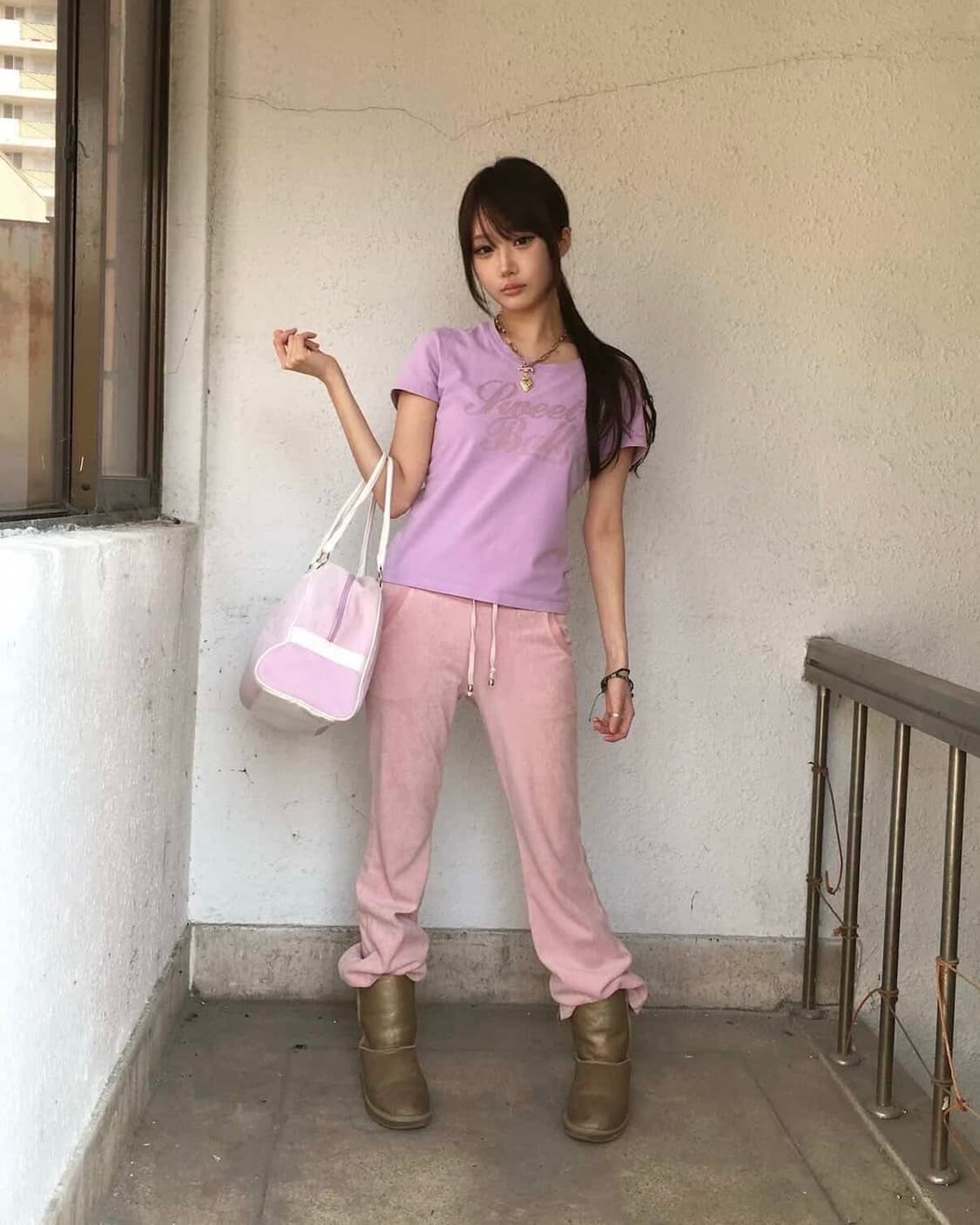  Body talk 벨벳 부츠컷 트레이닝 팬츠 연핑크 상품이미지1