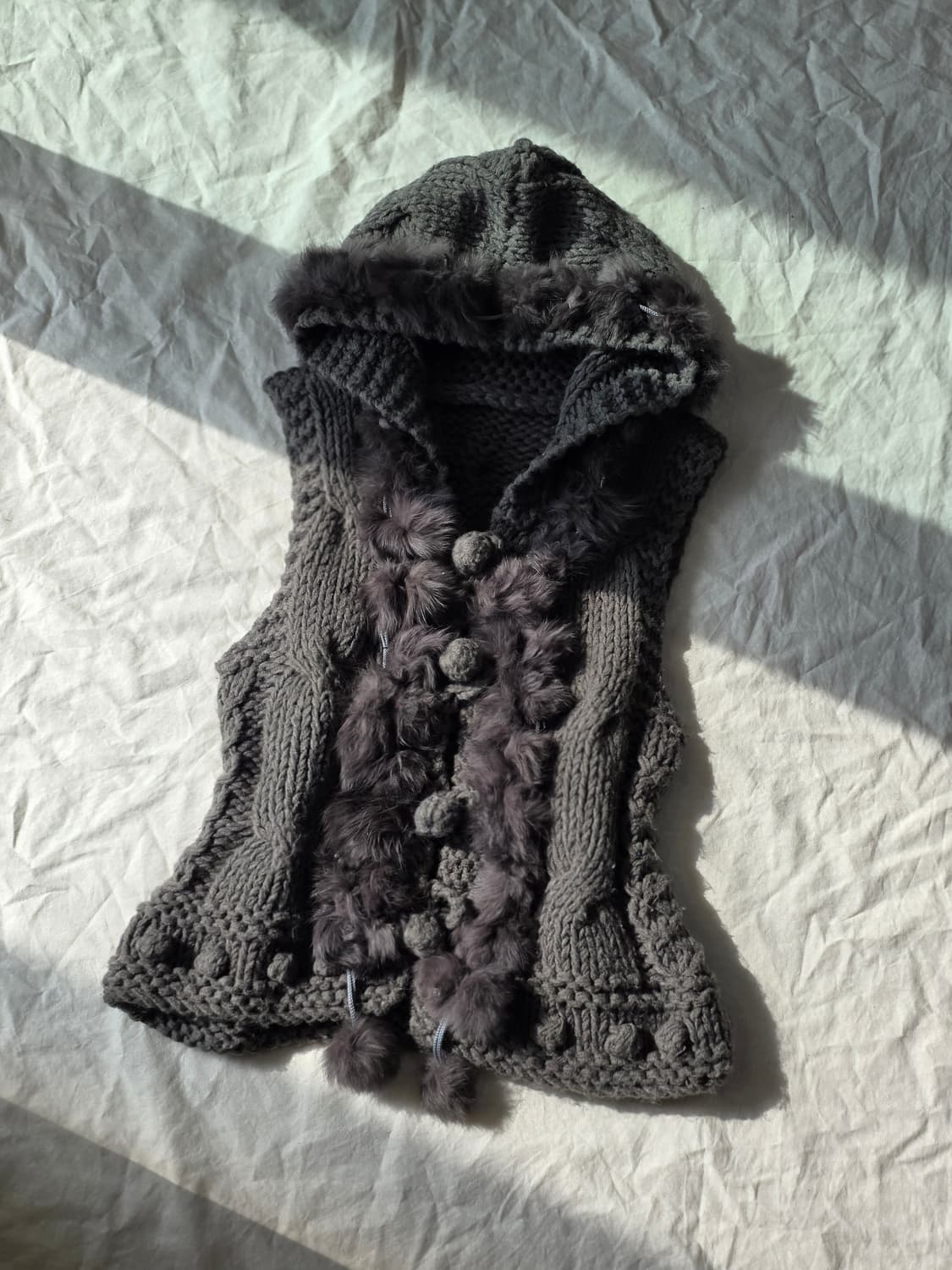 갸루 폼폼 퍼 후드 니트 빈티지 베스트 상품이미지2