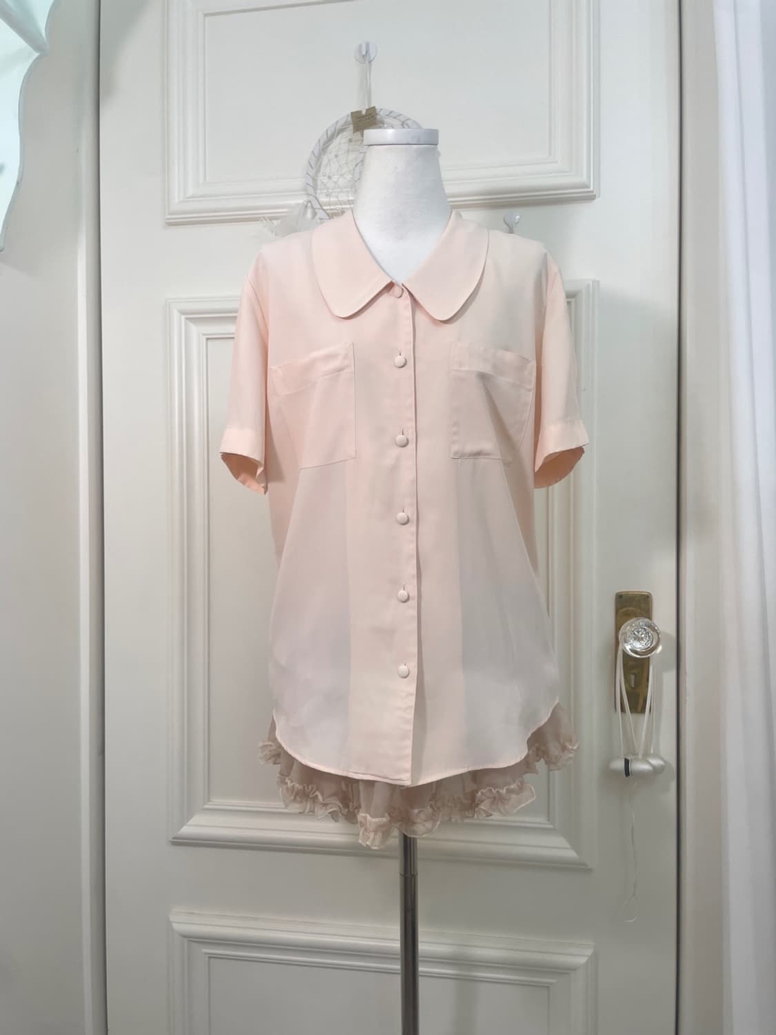 coral collar pleats sleeve half blouse 상품이미지1
